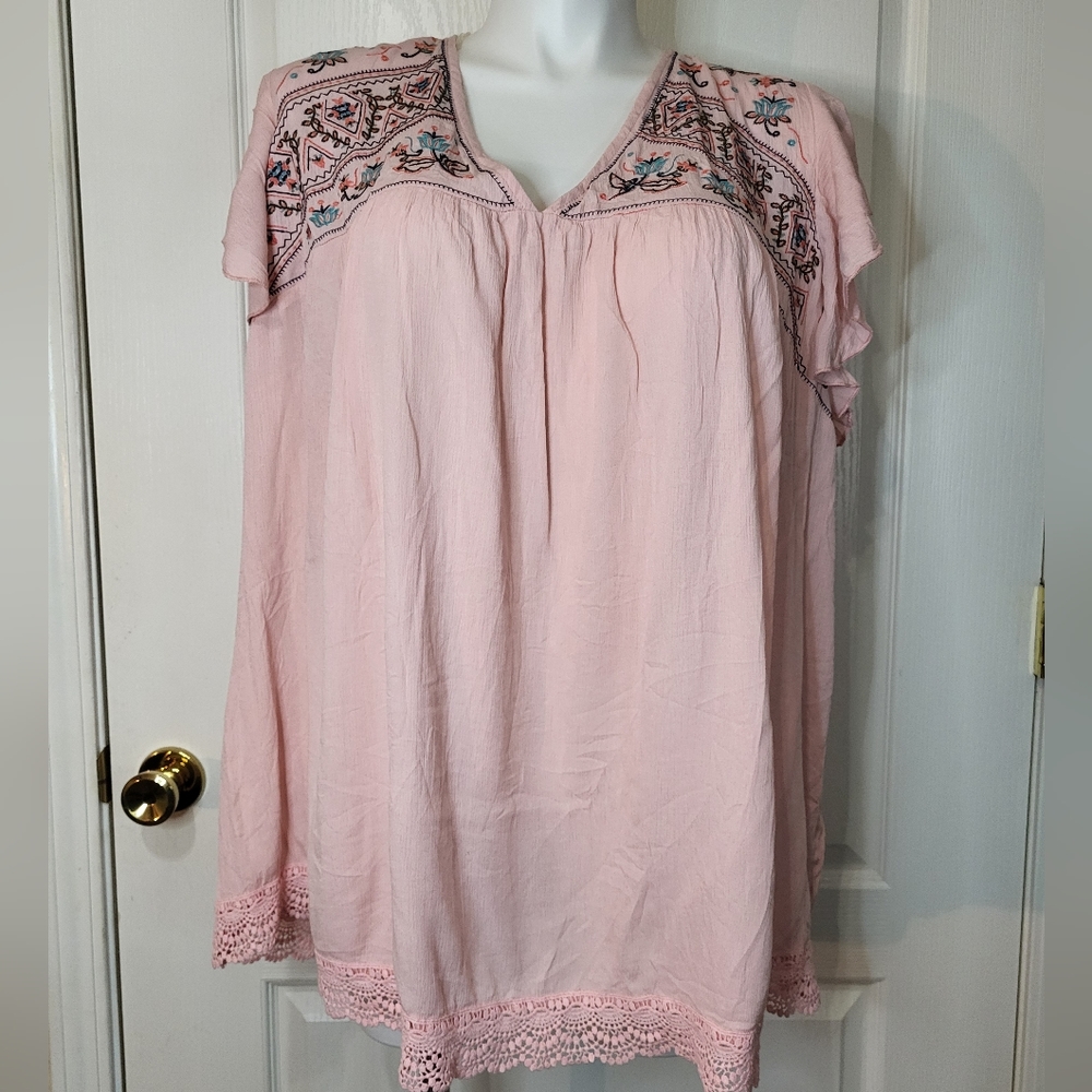Kelly Renee Pink Floral Embroidered V Neck Tunic